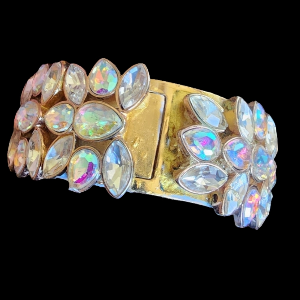 Ann Taylor Aurora borealis rhinestone gold tone Chunky Bangle bracelet designer - Picture 4 of 11